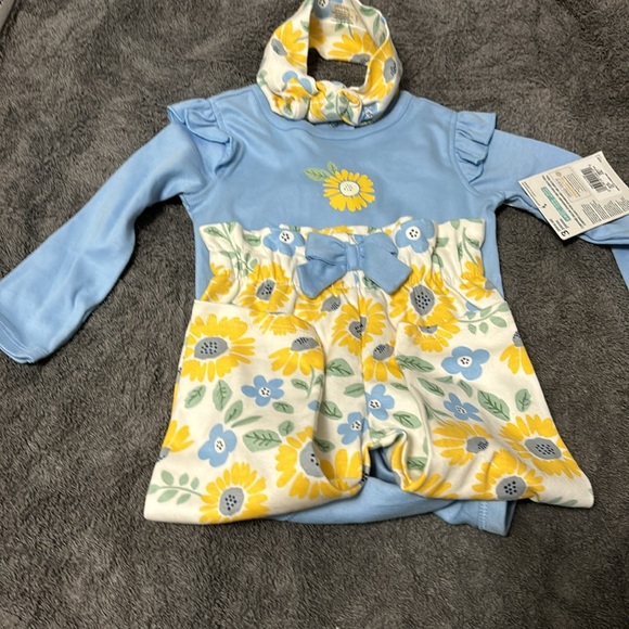 NWT Gerber girl 3 piece set 6-9 month 16-20lbs baby blue sunflower headband - Picture 2 of 5